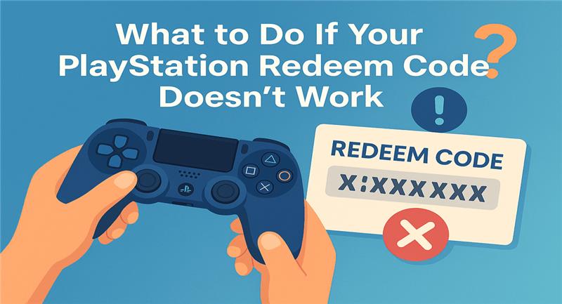 Illustration showing a PlayStation controller and redeem code error message with troubleshooting title