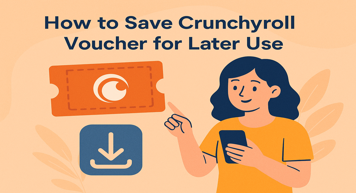 Woman holding phone pointing at Crunchyroll voucher icon with save symbol.