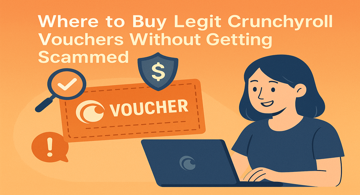 Woman using laptop with Crunchyroll voucher image and text about buying legit vouchers safely.