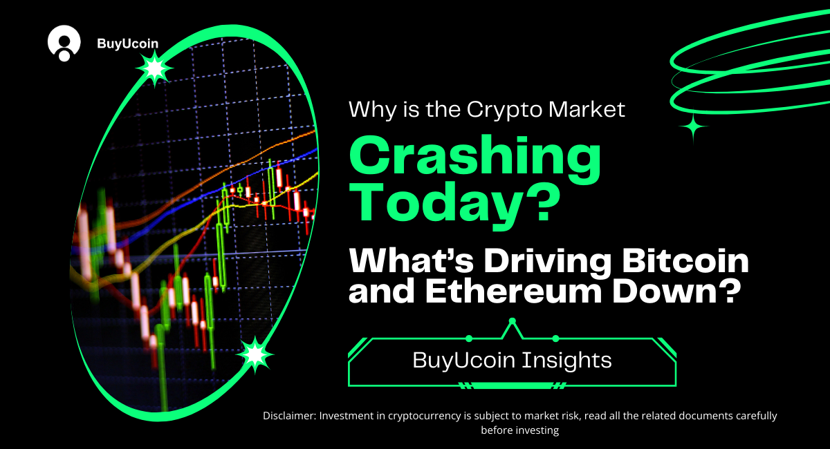 This image shows candles of crypto market and tittle represent Why is the Crypto Market Crashing Today? What’s Driving Bitcoin and Ethereum Down? — BuyUcoin Insights