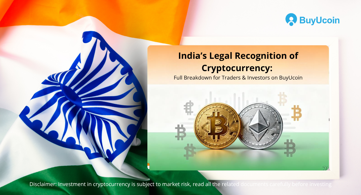 This images show India’s legal recognition of cryptocurrency illustrated with the Indian flag, Bitcoin and Ethereum coins, and BuyUcoin branding — representing a detailed breakdown for traders and investors