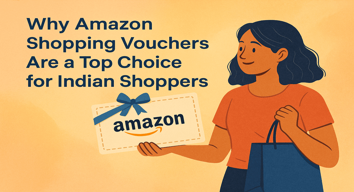 This image shows why Amazon Shopping Vouchers Are a Top Choice for Indian Shoppers, illustrated with a woman holding an Amazon gift voucher and a shopping bag