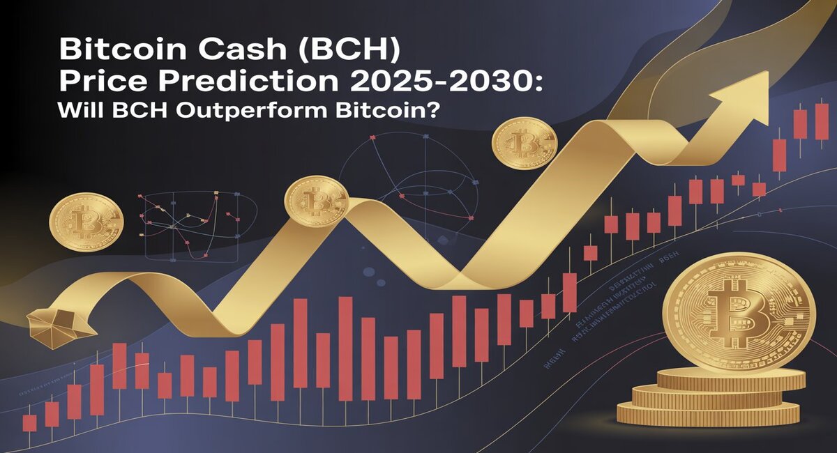 Bitcoin Cash (BCH) price prediction for 2025-2030 highlights possible growth, with BCH forecasted to reach between $305 and $1,225 by 2030. The visual shows golden upward arrows, coins, and trading bars, representing bullish sentiment and analytics. Text emphasizes BCH’s potential to outperform Bitcoin in future years.