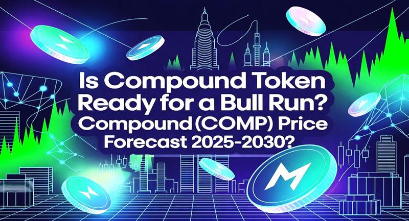 A futuristic cityscape features glowing Compound (COMP) tokens, digital network patterns, and a bold green line chart symbolizing upward price movement. The headline reads: "Is Compound Token Ready for a Bull Run? Compound (COMP) Price Forecast 2025-2030?" The overall design highlights blockchain technology, digital finance, and a positive outlook for the Compound cryptocurrency market.