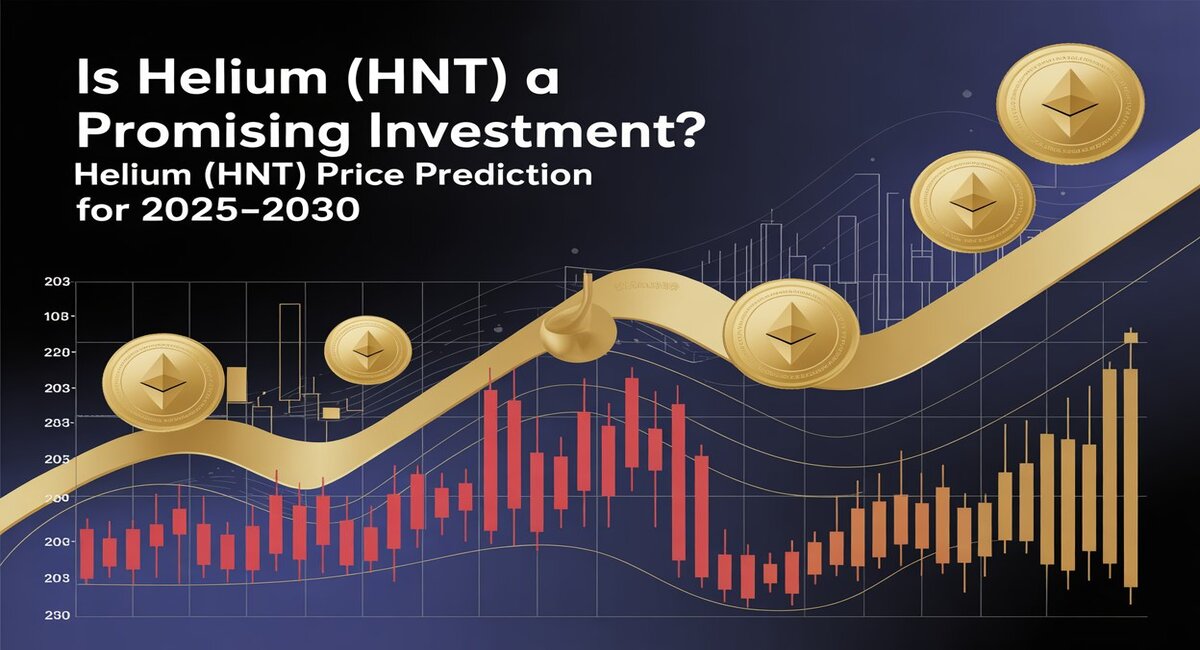The image has a futuristic financial theme, focusing on Helium (HNT) as a potential investment for 2025–2030. Large white text asks, "Is Helium (HNT) a Promising Investment?" and mentions price prediction for 2025–2030. A gold arrow with HNT-themed coins rises across the background, above red and gold candlestick bars representing price movement and a bullish chart. The dark background includes subtle line graphs and trading indicators, reinforcing the crypto and investment topic.