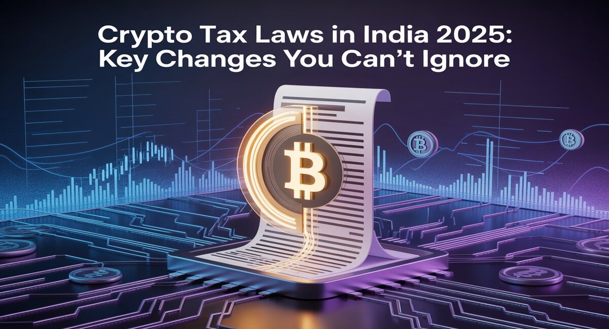 A digital illustration showing a glowing Bitcoin symbol embedded in a scroll of tax document, with futuristic financial charts in the background, representing Crypto Tax Laws in India 2025 and key regulatory changes.