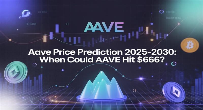 Aave Price Prediction 2025–2030: When Could AAVE Hit $666? – Digital artwork showing the AAVE logo with futuristic charts, candlestick patterns, and crypto coin icons including Bitcoin and Ethereum, representing Aave’s growth forecast in the cryptocurrency market.
