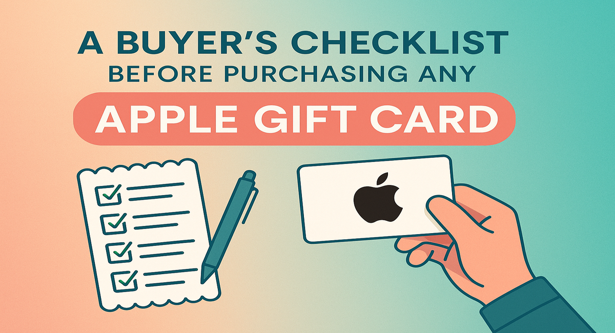 Illustration of a hand holding an Apple gift card beside a checklist and pen, symbolizing a buyer’s checklist before purchasing an Apple gift card.