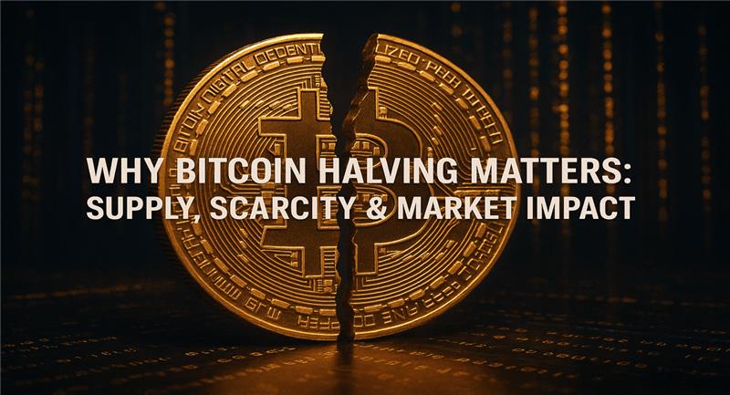 A golden Bitcoin coin split in half, symbolizing Bitcoin halving, with digital data background representing supply, scarcity, and market impact.