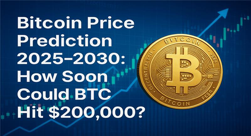 Image that includes a Bitcoin price prediction headline for the years 2025-2030. The image features a Bitcoin coin and an upward trend in the background, likely related to Bitcoin's future value projections, with a focus on reaching $200,000.