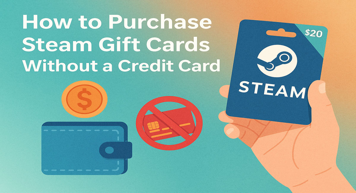 showing a hand holding a $20 Steam gift card. The text reads “How to purchase Steam gift cards without a credit card.” Icons below show a wallet, a dollar coin, and a crossed-out credit card, symbolizing alternative payment options for buying Steam cards.