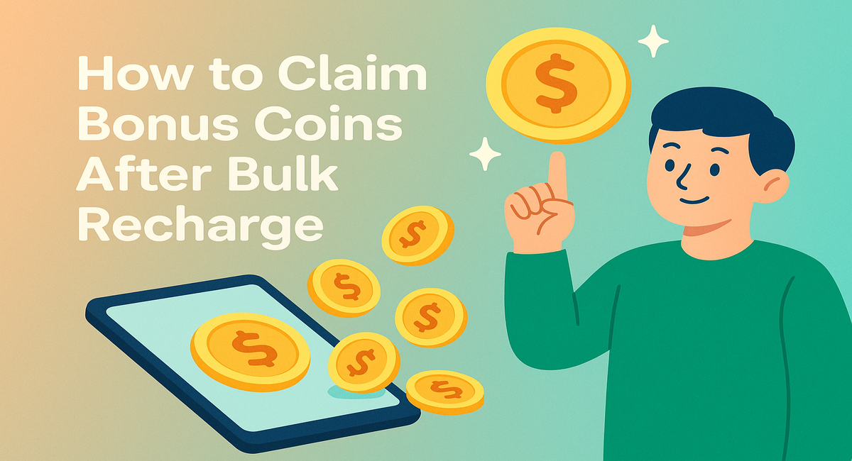 Illustration of man with coins and text 'How to Claim Bonus Coins After Bulk Recharge'
