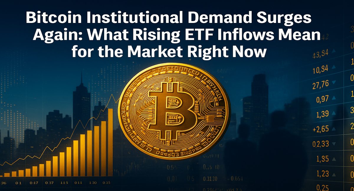 A financial news-style graphic showing a large golden Bitcoin coin in front of a rising bar chart and bullish market trend lines. The background includes silhouettes of institutional investors and city skyscrapers, representing Wall Street involvement. The headline on the image reads: “Bitcoin Institutional Demand Surges Again: What Rising ETF Inflows Mean for the Market Right Now.”