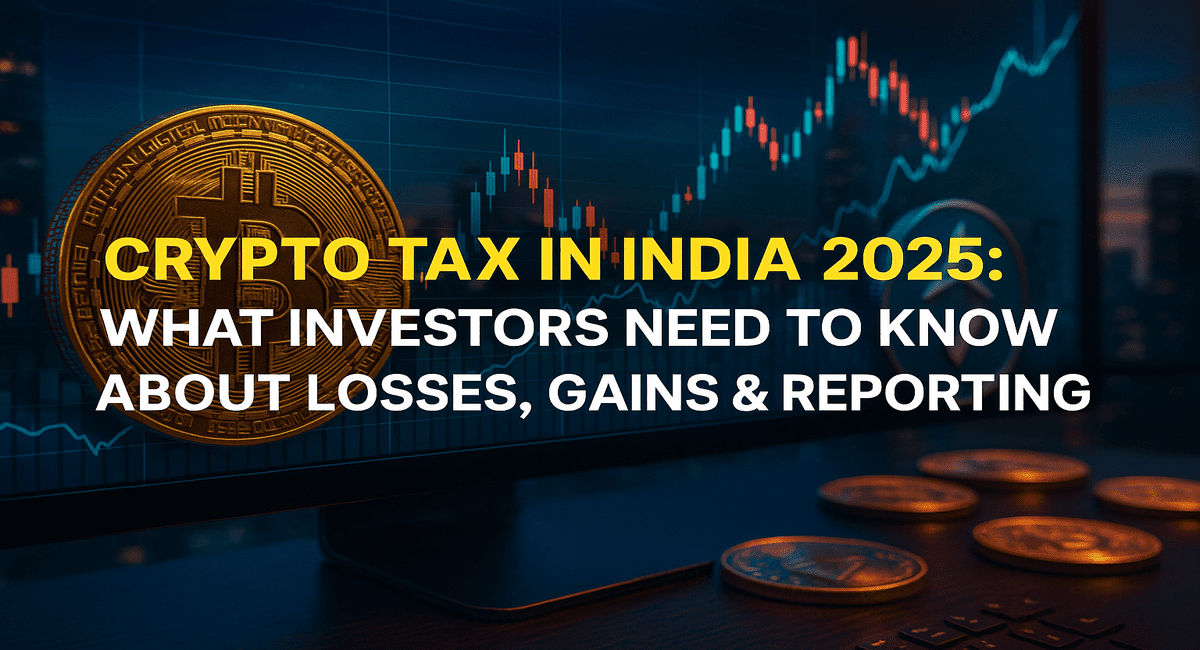 Crypto Tax in India 2025: What Investors Need to Know About Losses, Gains & Reporting”, and it appears to be a guide or informational resource for cryptocurrency investors in India regarding taxation rules in the year 2025