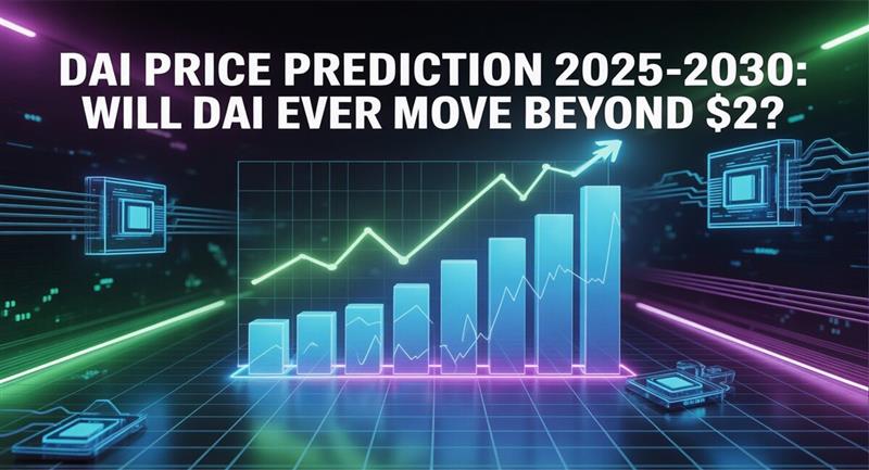 Image is a neon digital graphic asking: "Will DAI Ever Move Beyond $2?" A bar chart and line graph show an upward trend in a futuristic, dark environment.