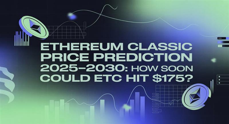 Ethereum Classic Price Prediction 2025–2030: How Soon Could ETC Hit $175? – Futuristic crypto-themed graphic featuring the Ethereum Classic logo, digital charts, candlestick patterns, and glowing elements representing ETC market forecast and growth potential.