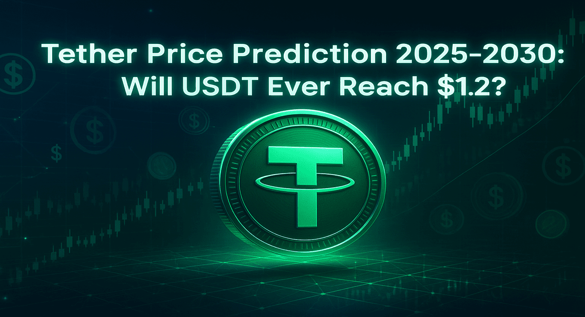Futuristic crypto-themed banner showing Tether (USDT) coin glowing in neon green with digital candlestick charts in the background and bold title text: ‘Tether Price Prediction 2025-2030: Will USDT Ever Reach $1.276626?’ representing cryptocurrency forecast and market trends.