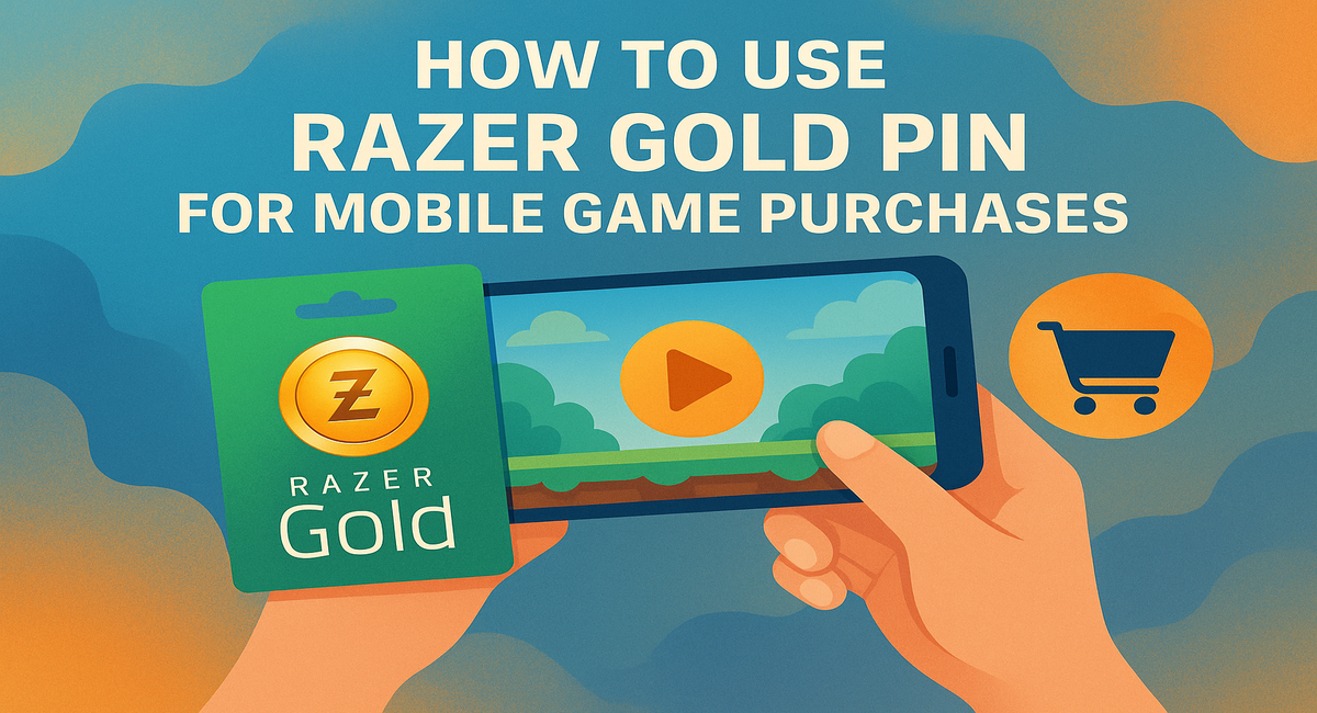 Guide on how to use Razer Gold PIN for mobile game purchases, featuring a Razer Gold card and a phone with a play button on screen.