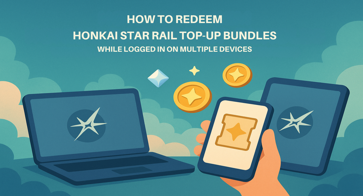 Redeem Honkai Star Rail top-up bundles on multiple devices illustration with laptop, phone, and tablet.