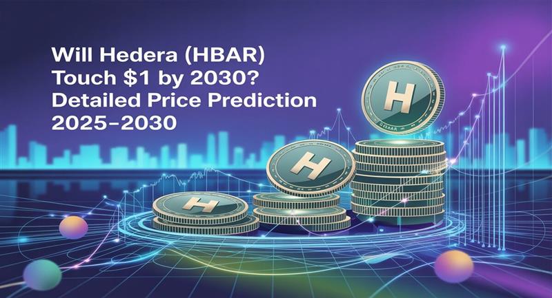 A futuristic digital illustration showing stacks of Hedera (HBAR) coins with an 'H' logo, set against a glowing financial graph background. The text on the image reads 'Will Hedera (HBAR) Touch $1 by 2030? Detailed Price Prediction 2025–2030'. The design features neon blue and purple hues, symbolizing blockchain technology, data growth, and cryptocurrency market trends.
