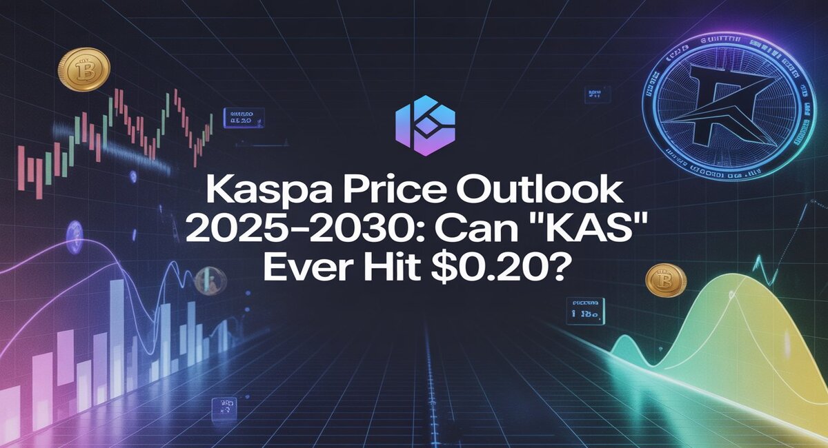 Kaspa Price Outlook 2025–2030: Can 'KAS' Ever Hit $0.20? — futuristic crypto-themed background with charts, coins, and Kaspa logo.
