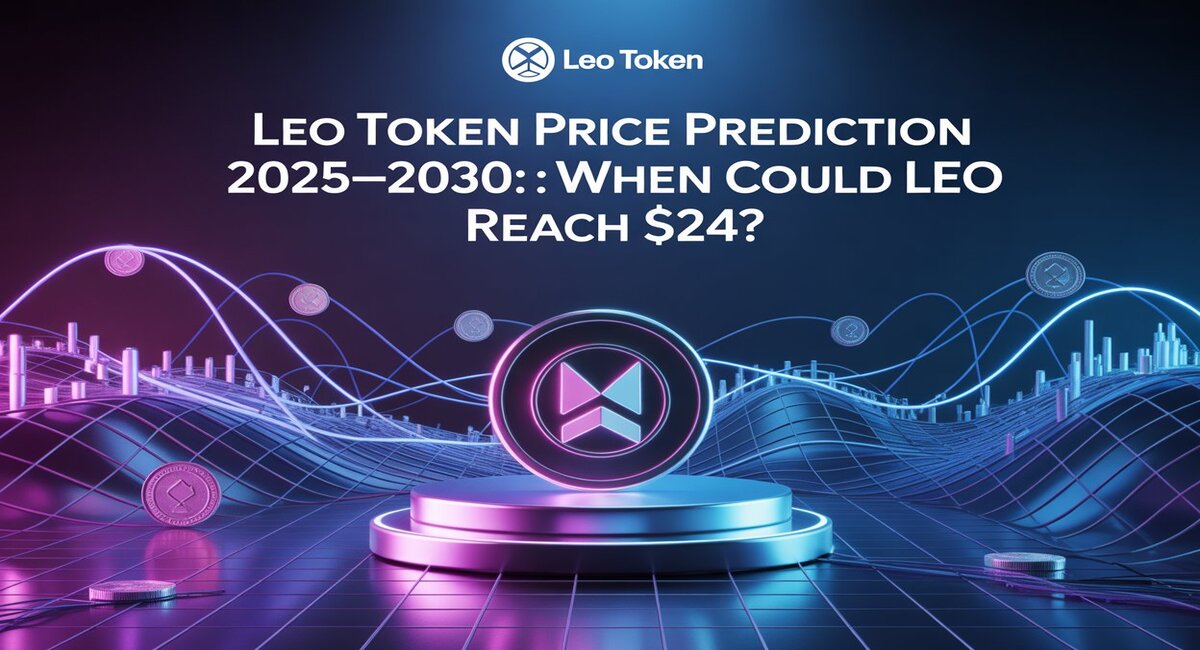 Leo Token Price Prediction 2025–2030: When Could LEO Reach $24? – A futuristic digital artwork featuring Leo Token symbol on a glowing podium with purple and blue neon waves, floating coins, and trading graph lines in the background.