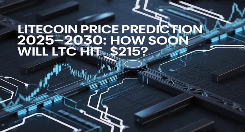 Futuristic crypto-themed banner showing Litecoin price prediction 2025–2030 with glowing digital network, blockchain circuits, and candlestick charts.