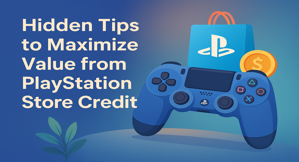 PlayStation controller next to a shopping bag with the PlayStation logo and a coin with a dollar sign, illustrating 'Hidden Tips to Maximize Value from PlayStation Store Credit'