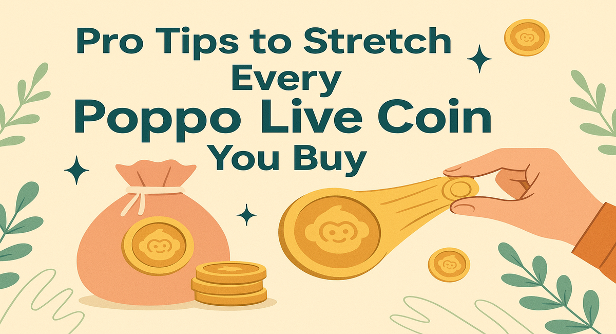 Illustration of a hand stretching a Poppo Live coin with a money bag and gold coins, representing tips to maximize the value of every Poppo Live coin purchase.