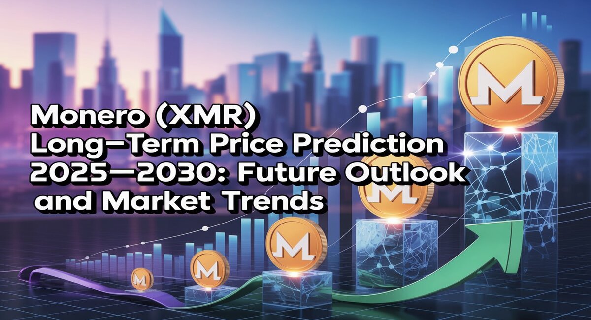A futuristic financial illustration showing Monero (XMR) cryptocurrency coins increasing in value over time, with upward-trending bars, glowing lines, and a green arrow symbolizing growth. The background features a modern city skyline with skyscrapers under a purple and blue gradient sky. The image includes bold text that reads: ‘Monero (XMR) Long-Term Price Prediction 2025–2030: Future Outlook and Market Trends.’ The design represents optimism, data analytics, and the long-term market potential of Monero.