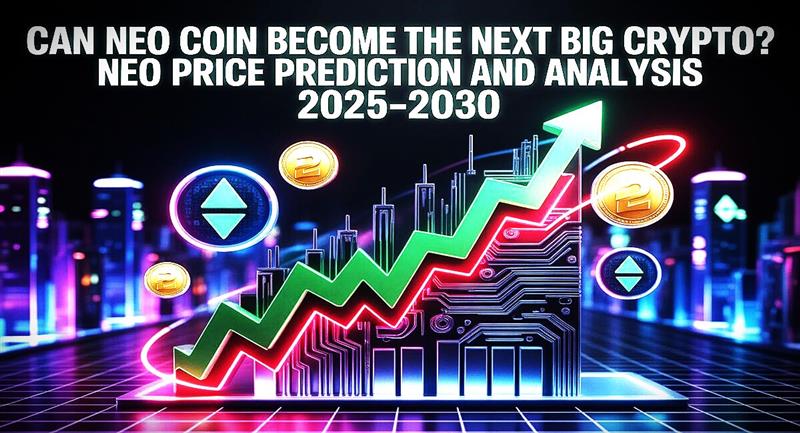 A futuristic cityscape features glowing cryptocurrency symbols and coins, including Neo logos, with a prominent digital chart showing a green, upward-trending arrow. The headline text reads: "Can Neo Coin Become the Next Big Crypto? Neo Price Prediction and Analysis 2025-2030." The overall theme highlights blockchain technology and positive price movement in the crypto market