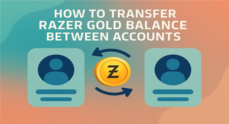 showing two user profile icons with arrows and a Razer Gold coin in between, symbolizing money transfer. Text reads ‘How to Transfer Razer Gold Balance Between Accounts’ on a colorful gradient background.