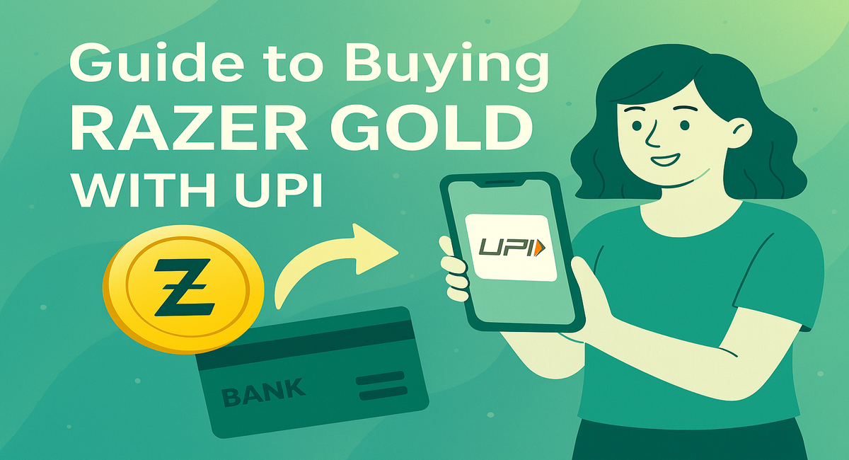 Illustration of a woman holding a smartphone with UPI logo, showing the process of buying Razer Gold with UPI, digital payment guide.