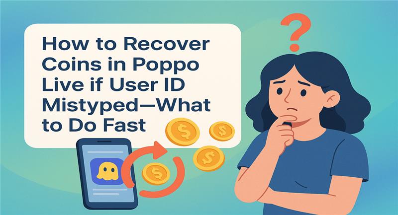 Confused woman with phone and coins; text says how to recover Poppo Live coins if user ID is mistyped.