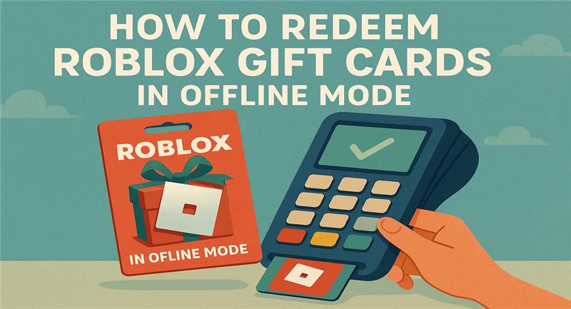 Illustration of a Roblox gift card and a payment terminal, showing how to redeem the card offline.