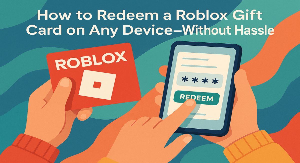 Hands holding a Roblox gift card and a phone while entering the code to redeem it.