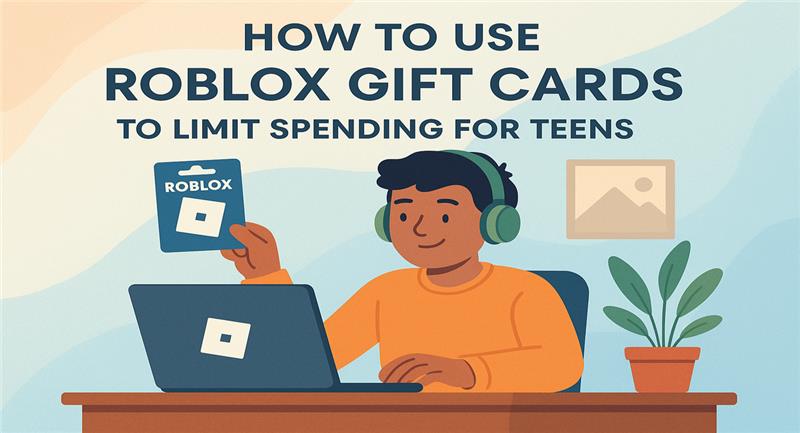 How to use Roblox Gift Cards to limit spending for teens illustration with teenager holding Roblox card while gaming on laptop