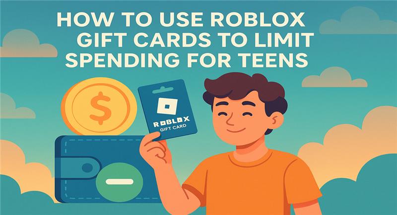 Smiling teen holding a Roblox gift card with a wallet and coin icons, guide to limit spending for teens