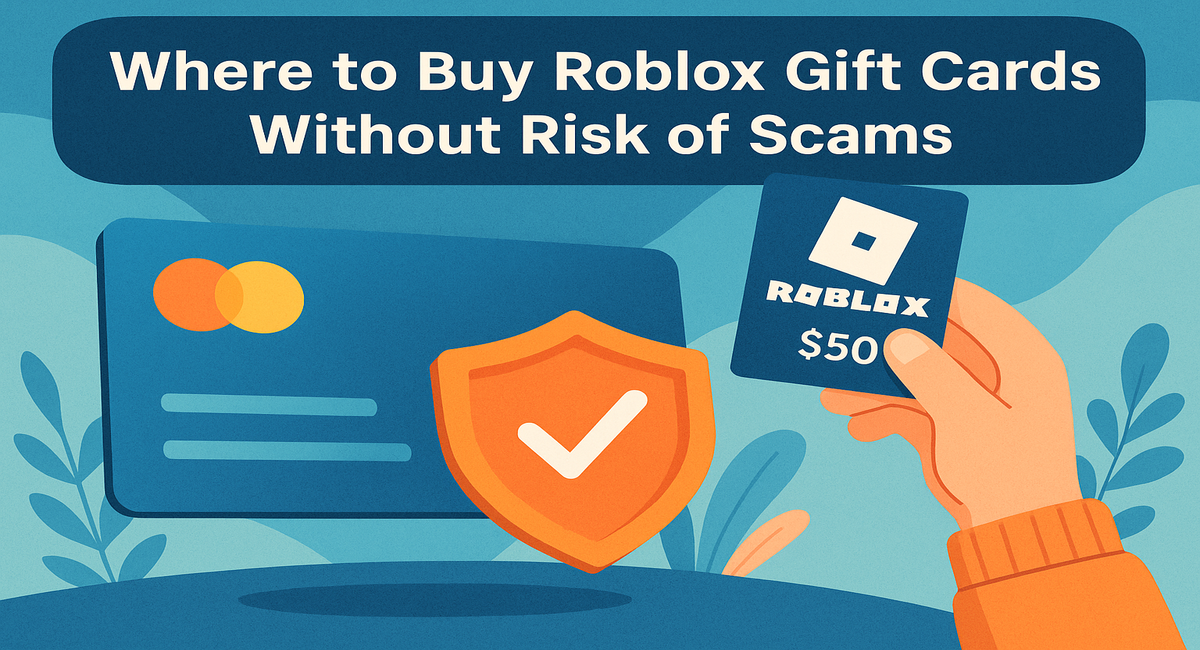 Illustration of a hand holding a $50 Roblox gift card with a shield and checkmark symbol, representing safe and scam-free purchasing.