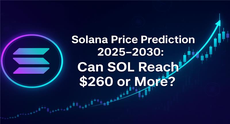 Solana price prediction 2025–2030: Can SOL reach $260 or more? Graphic showing the Solana logo with a rising price chart and upward arrow.