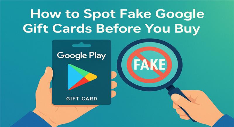 Hands holding a Google Play gift card and a magnifying glass showing the word “fake.”