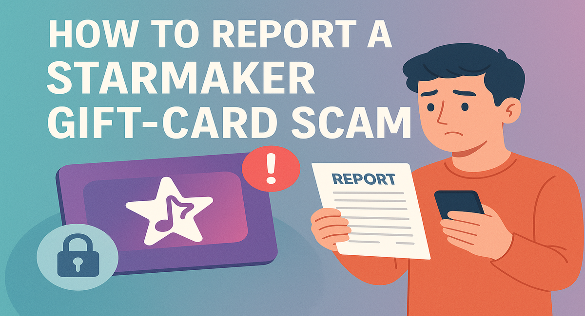 showing a person holding a phone and a report paper, looking concerned. Text reads “How to report a Starmaker gift-card scam.” A Starmaker gift card with a lock and warning symbol appears beside him, symbolizing online safety and scam reporting awareness.