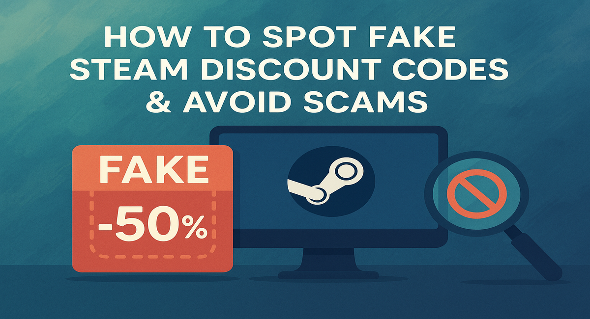 How to spot fake Steam discount codes & avoid scams" with visuals of a computer monitor displaying the Steam logo, a fake -50% tag, and a magnifying glass indicating scam detection.