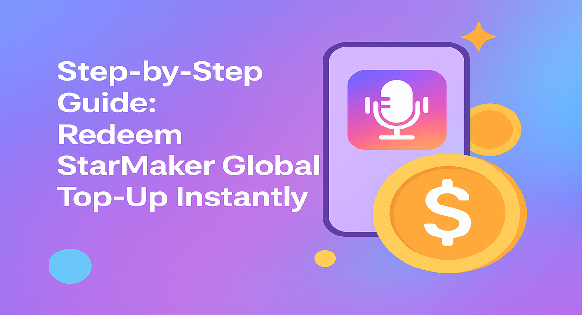 StarMaker Global top-up guide illustration with phone, mic icon, and gold coins.