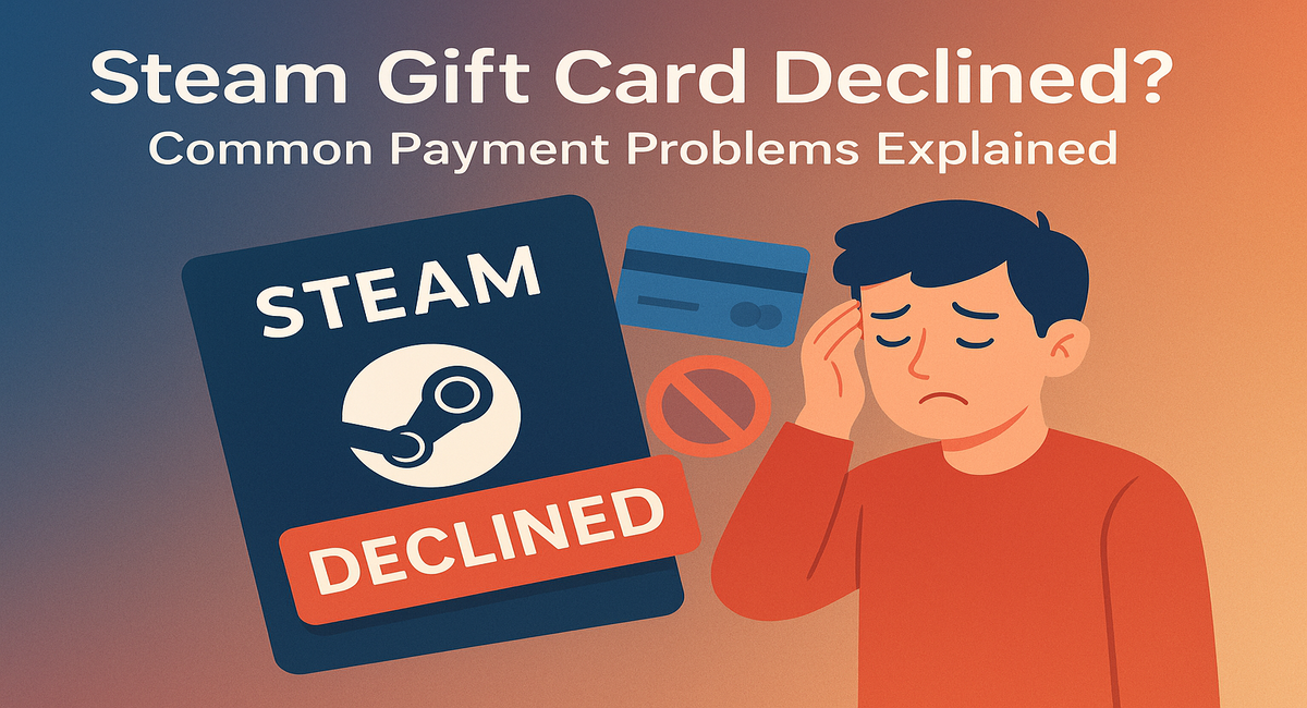 A person looks worried with a Steam card showing “Declined” and credit card icons behind. Text reads “Steam Gift Card Declined? Common Payment Problems Explained.”
