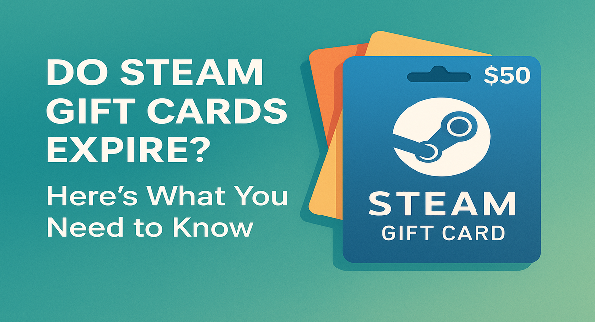 Steam $50 gift card graphic with text asking if Steam gift cards expire.