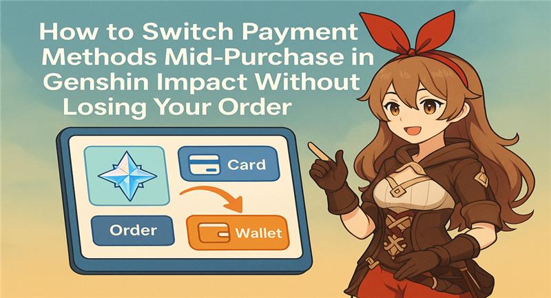 Character pointing at screen showing payment method switch in Genshin Impact.