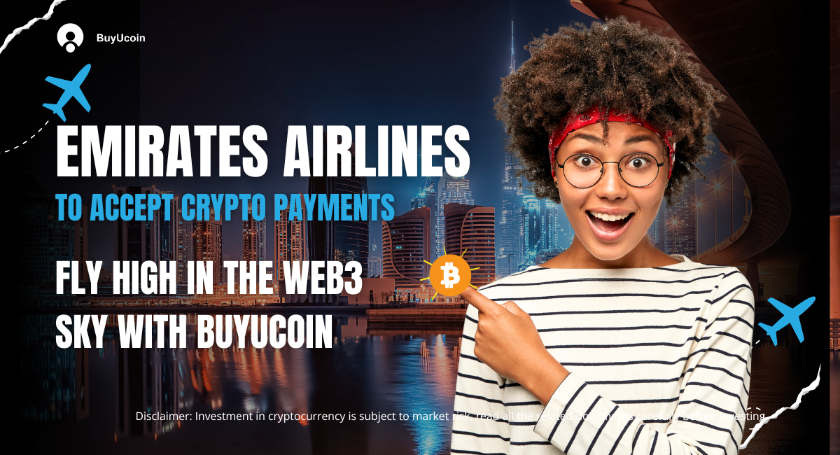This images shows a standing girl and showing Dubai’s Emirates Airlines is set to accept crypto payments, marking a new era in aviation. Discover how BuyUcoin users can benefit from this bold Web3 move with bitcoin symbol.