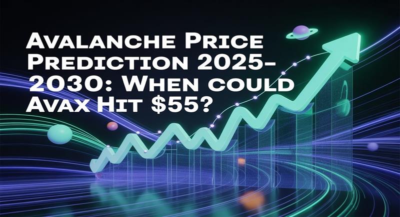 Avalanche (AVAX) price prediction 2025–2030 with the headline: When could AVAX hit $55? The image features a futuristic digital chart with a rising green arrow, symbolizing crypto market growth and AVAX forecast trends.