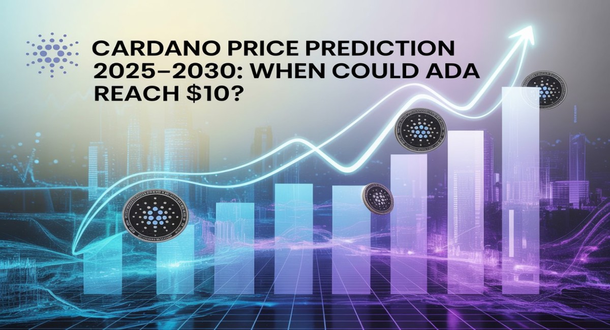 A futuristic and dynamic image for a blog post about cryptocurrency. The foreground is dominated by a series of glowing, vertical bar graphs in gradients of blue, teal, and purple, symbolizing financial growth. Rising above these graphs is a prominent, upward-curving line with an arrowhead, indicating a strong positive trend. Scattered within the scene are several floating Cardano (ADA) coins, each with the distinctive logo. The background shows a modern, slightly blurred cityscape at night, overlaid with a transparent grid pattern. The title, 'Cardano Price Prediction 2025–2030: When Could ADA Reach $10?', is written in a clean, white font at the top of the image, with the Cardano logo positioned to the left.